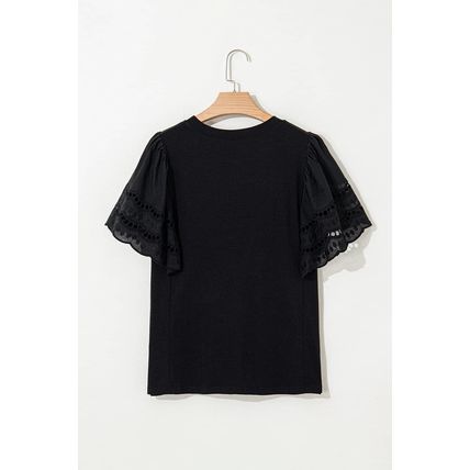 Black Hollow Out Embroidered Short Sleeve O Neck Top