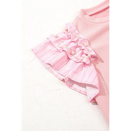 Light Pink Pearl Beaded Ruffle Short Sleeve Patchwork Ribbed Blouse