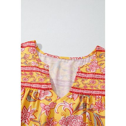 Yellow Floral Notched Neck Ruffled Sleeve Casual Blouse
