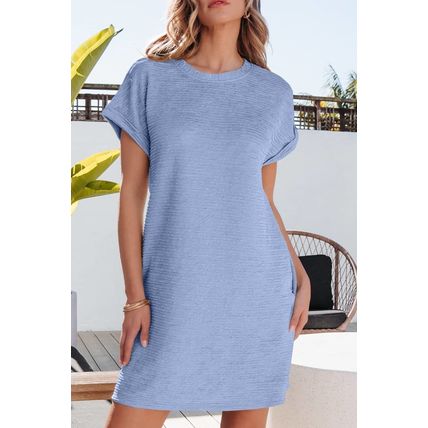 Myosotis Solid Color Textured Crinkle Short Sleeve T Shirt Dress
