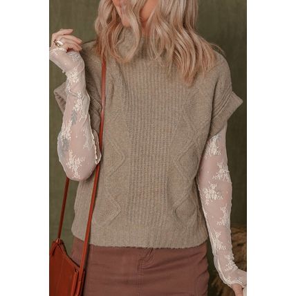 Smoke Gray Textured Knit High Neck Sweater T Shirt