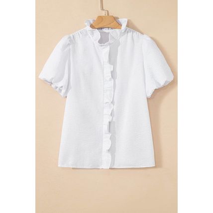 White Striped Ruffle Short Bubble Sleeve Shirt