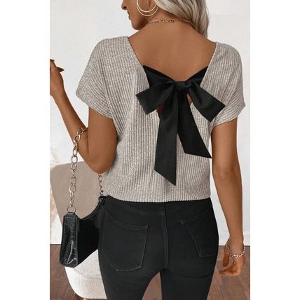 Gray Morn Ribbed Short Sleeve V Neck Colorblock Bow Back Top