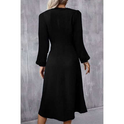 Black Solid Color Ruched Detail Long Sleeve Midi Dress