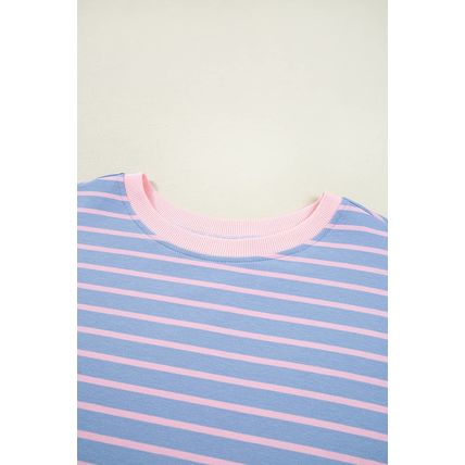 Sky Blue Stripe Oversize Contrast Trim Drop Shoulder Casual Top