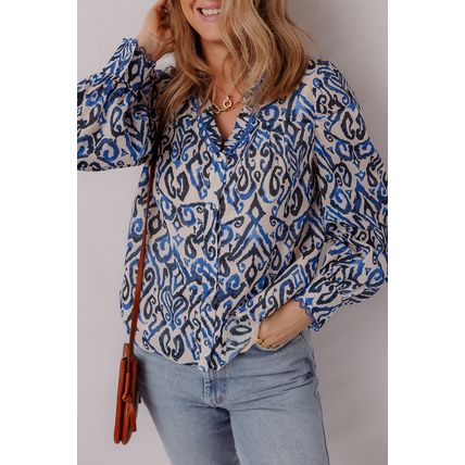 Blue Bohemian Print Embroidered V Neckline Detail Long Sleeve Shirt