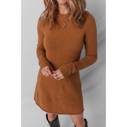Straw Yellow Ribbed Detail Solid Color Mini Sweater Dress