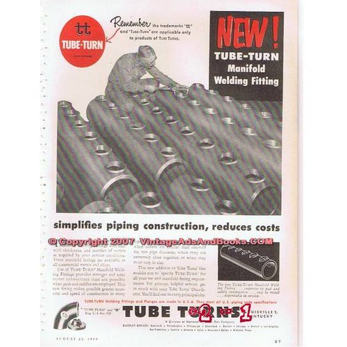 TUBE TURNS 1955 oil gas pipeline welding fittings flanges vintage ad