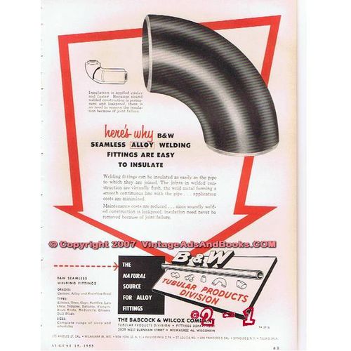 BABCOCK WILCOX COMPANY 1955 seamless welding fittings vintage ad