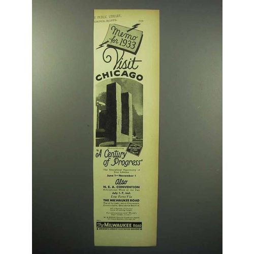 1933 Milwaukee Road Railroad Ad - Memo, Visit Chicago