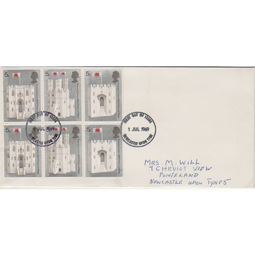 GB 1969 Prince Charles Investiture block 6 x 5d FDC Newcastle pm