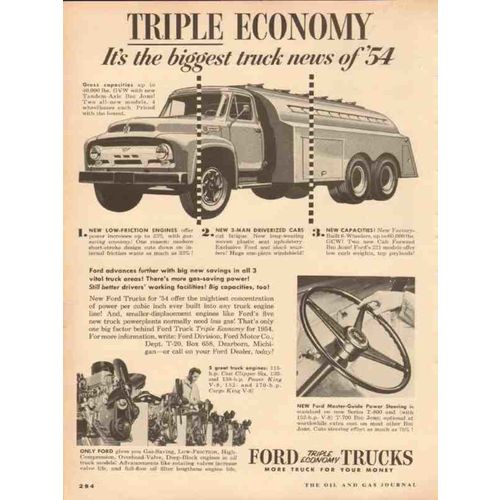 FORD MOTOR COMPANY 1954 Triple Economy biggest truck news vintage ad