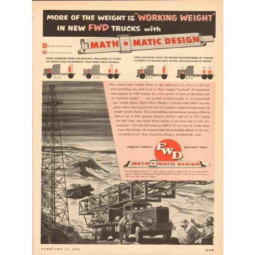 FOUR WHEEL DRIVE AUTO COMPANY 1954 working weight FWD truck vintage ad