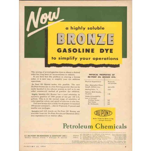 DUPONT 1954 now highly soluble bronze gasoline dye chemical vintage ad