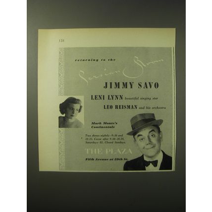 1948 The Plaza Hotel Ad - Returning to the Persian Room Jimmy Savo, Leni Lynn