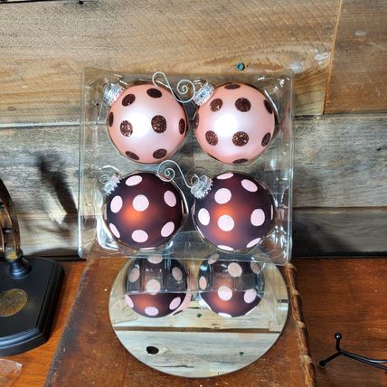 Glass Ball Ornaments - Brown & Pink Polka-Dot Sparkle - Set of 4.