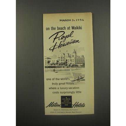1956 Matson Hotels Advertisement - On the beach at Waikiki Royal Hawaiian
