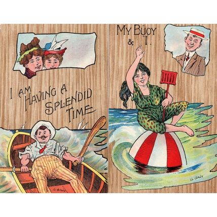 Splendid Time On Boat Life Buoy 2x Old Comic Postcard s
