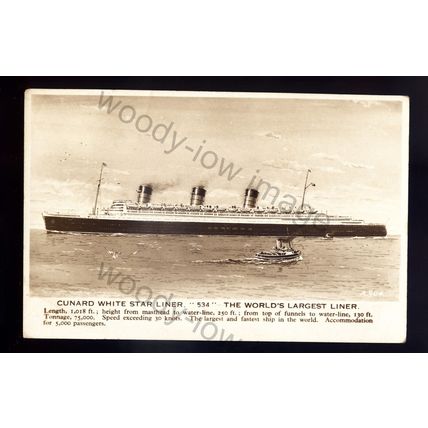 LS2715 - Cunard White Star Liner - Queen Mary & Tug - built 1936 - postcard