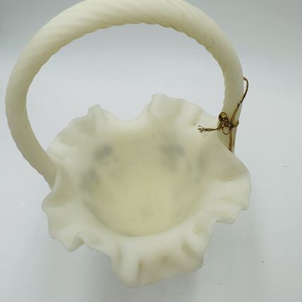 Fenton Basket Art Custard Glass Signed Ruffled Floral Butterfly Hand Painted