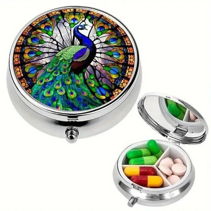 Peacock Themed Round Pill Box Metal 3 Compartment