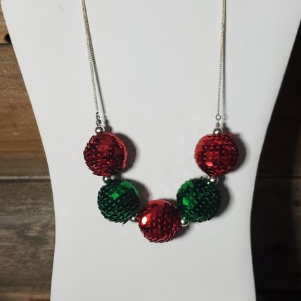 Sequin Christmas Ball Necklace - Vintage - Red, Green, Chunky Holiday Jewelry