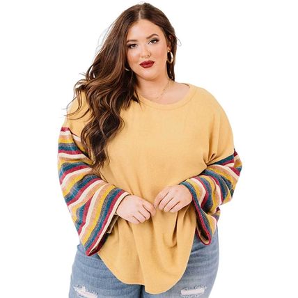 Yellow Serape Striped Bell Sleeve Plus Size Top