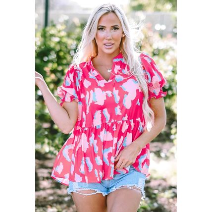 Rose Abstract Print Smocked Puff Sleeve V Neck Blouse