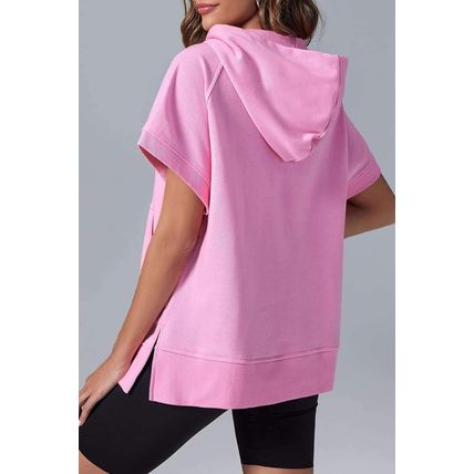 Bonbon Half Zipper Kangaroo Pocket Short Sleeve Hoodie