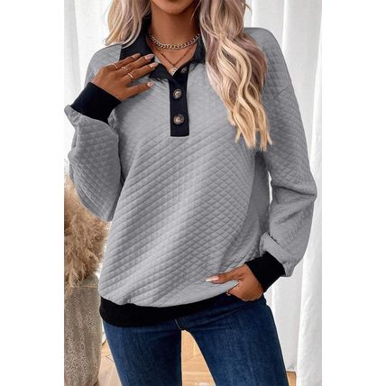 Light Grey Textured Colorblock Edge Buttoned Collar Sweatshirt