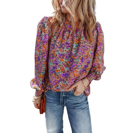 Purple Floral Allover Print Shirred Cuff Frilled O Neck Blouse