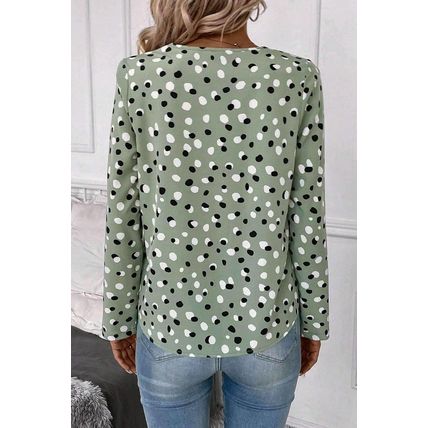 Green Polka Dot Print Button Front V Neck Blouse