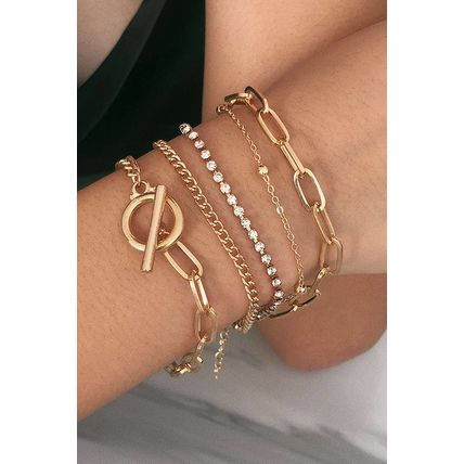 Gold Multi Layered Rhinestone Chain Bracelet Set