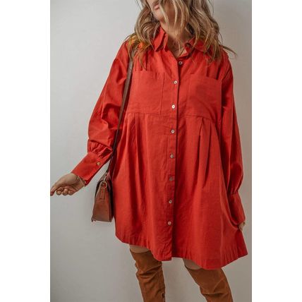 Tomato Red Bishop Sleeve Button Up Pleated Mini Shirt Dress