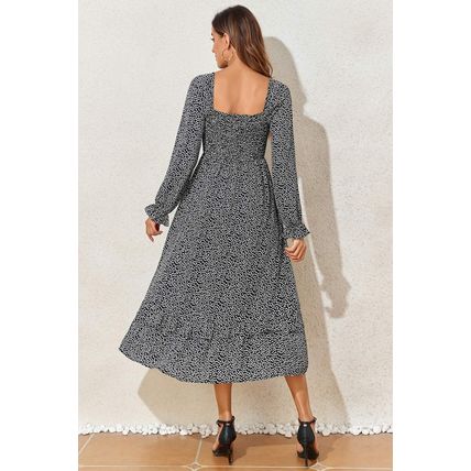 Black Floral Printed Long Sleeve Square Neck Midi Dress