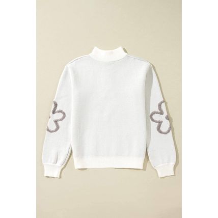White Contrast Flower Half Zipper Stand Neck Sweater