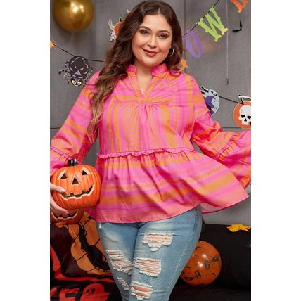 Vitality Orange Plus Size Geometric Embroidered Bell Sleeve Babydoll Blouse