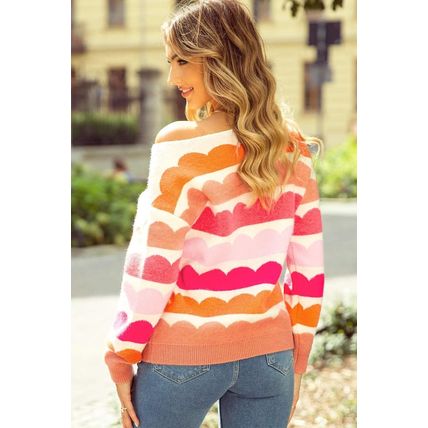 Rose Red Wave Striped Balloon Sleeve Drop Shoulder Sweater