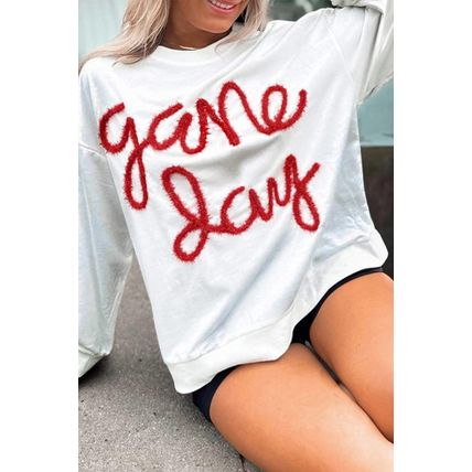 White Plus Size Game Day Tinsel Rugby Football Season Sweatshirt