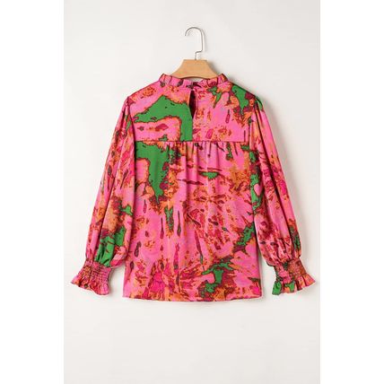 Rose Abstract Print Frilly Neckline Puff Sleeve Blouse