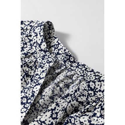 Blue Floral Print Notched V Neck Puff Sleeve Blouse