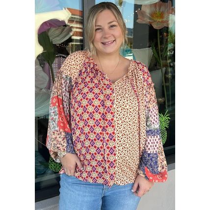Orange Floral Geometric Patchwork Lace-up Crewneck Plus Size Blouse