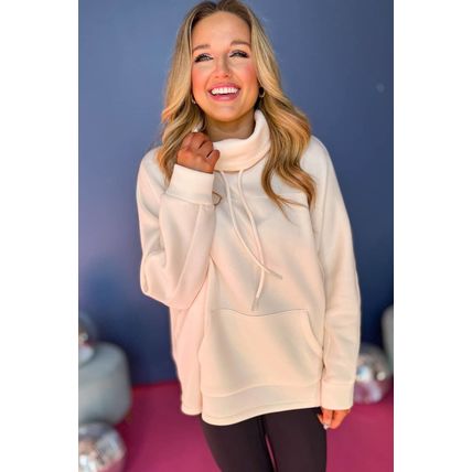 Apricot Drawstring Turtleneck Dolman Sleeve Sweatshirt
