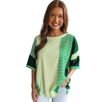Mint Green Striped Patchwork Textured Colorblock 3/4 Sleeve Knit Top