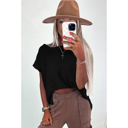 Black Solid Color Sweater Tee with Side Slits