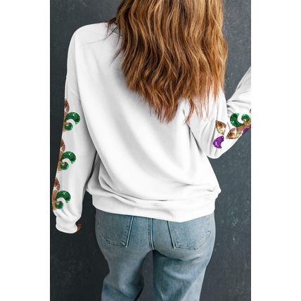 Beige Sequin Mardi Gras Patched Pattern Fleur de Lis Sleeve Sweatshirt