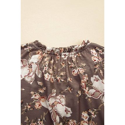 Khaki Retro Floral Print Tassel Tie Split Neck Short Sleeve Blouse