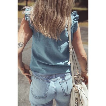 Beau Blue Frilly Ruffle Trim V Neck Chambray Tank Top