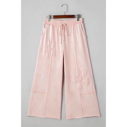 Pink Flower Patch Mineral Washed Terry Knit Cropped Wide Leg Pants
