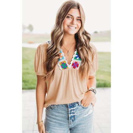 Pale Chestnut Crochet Floral V Neck Textured Short Sleeve Blouse
